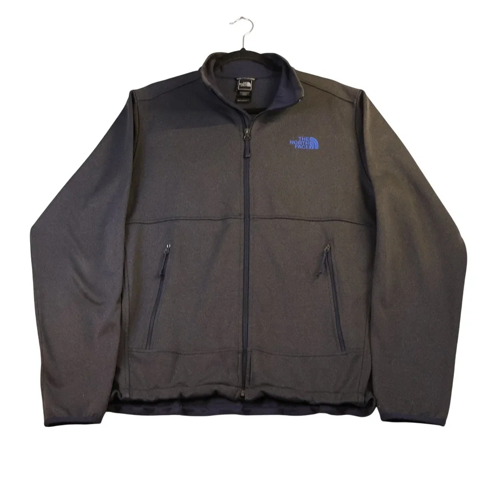 The North Face Mens M Full Zip Softshell Jacket Gray Blue Logo A4C4